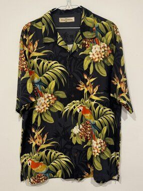 Tommy Bahama Mens 100% Silk Hawaiian Short Sleeve Shirt Floral Parrot Print M
